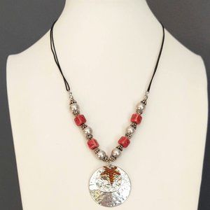 Red ceramic beads w/silver pendant necklace